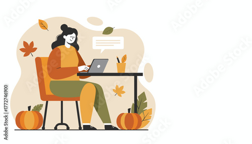 Cozy autumn work setup Woman using a laptop in a fallthemed home office Remote work illustration
