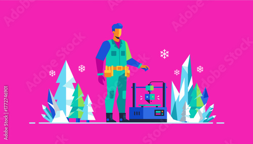 Technician operates a 3D printer surrounded by geometric winter elements