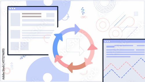 Abstract illustration of a circular workflow with arrows representing progress and data visualization on screens