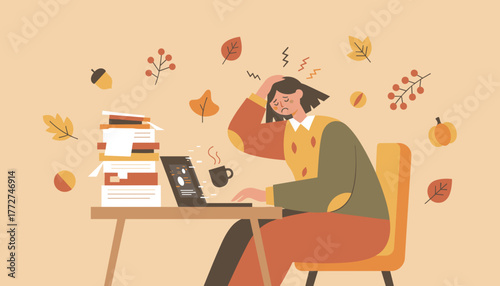 Illustration of burnout stress and heavy workload during autumn deadlines