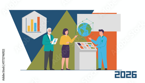 Professionals strategizing global business growth and technology using interactive data interface