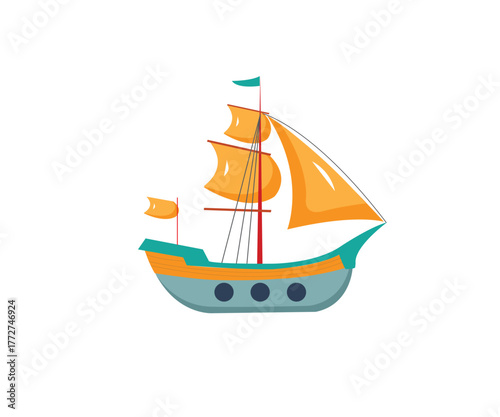 Vintage Sailing Ship"Colorful Sailboat Vector Illustration"with PNG Backgraund.