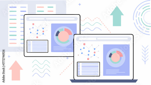 Digital analytics dashboards displaying charts and graphs with upward trends and data visualization elements