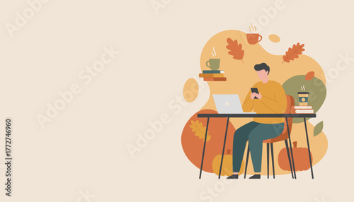 Cozy autumn workspace Man using phone and laptop among fall decor