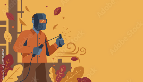 Welder working outdoors in autumn with falling leaves Skilled industrial labor vector illustration