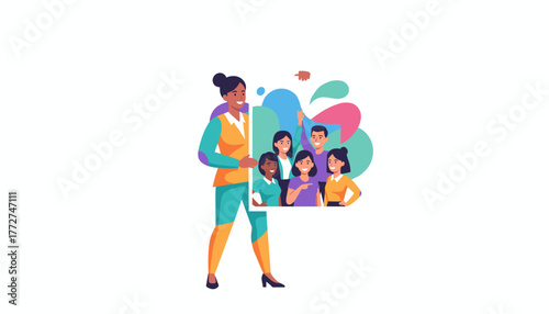 Businesswoman holding a frame showing a diverse smiling professional team