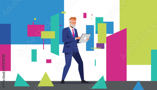 Executive using digital tablet amidst abstract colorful business geometry