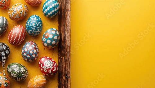 Colorful Easter eggs arranged on a yellow backdrop, suitable for design or visual art purposes