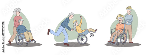 set of happy disabilities or disable senior old elder retire couple people with wheelchair man and female vector