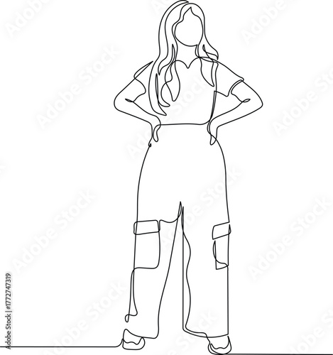 Confident Woman Standing with Hands on Waist Wearing Cargo Pants in Continuous Line Art Minimalist Fashion Illustration