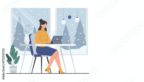 Woman working remotely on a tablet in a cozy home office during winter snowfall