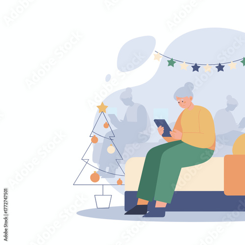 Lonely senior woman uses a tablet near a Christmas tree representing social isolation and technology use