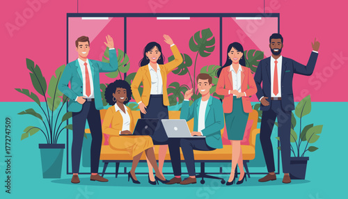 Friendly diverse business team collaboration in a colorful modern office with laptops