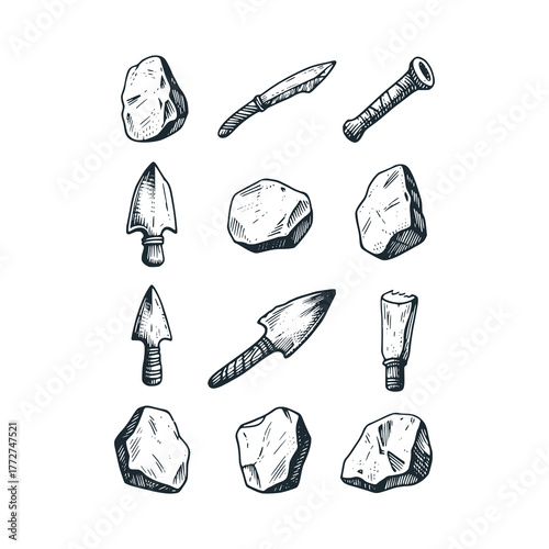 Ancient stone tool, stone age – Black and White Icon Vector and Illustration
