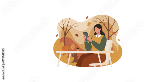 Woman scrolls on phone at an outdoor autumn table Fall season lifestyle technology vector illustration