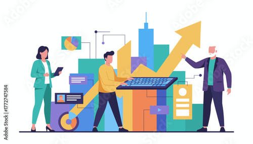 Business team achieving financial growth using data analysis and teamwork