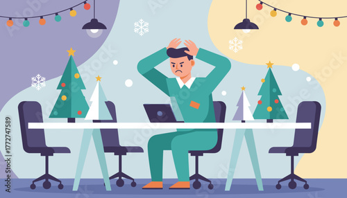 Overworked businessman stressed in a festive office Holiday work pressure concept