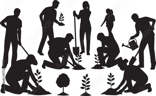 Diverse people silhouettes planting trees together for international volunteer day celebration