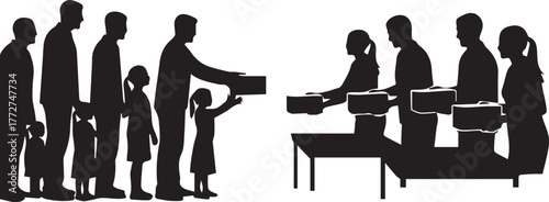 Silhouettes of people lining up for donations and receiving goods on international volunteer day concept