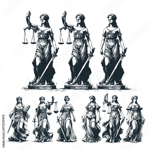 The justice law lady. Icon set – Black and White Icon Vector and Illustration