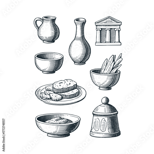 Ancient roman century food objects– Black and White Icon Vector and Illustration