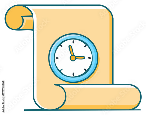 Stylized Scroll and Clock Illustration Representing Time and History