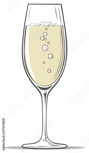 Illustration of a champagne flute filled with sparkling wine and effervescent bubbles