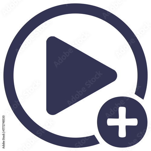 Play button icon with a plus sign symbolizing adding video content or creating new media projects