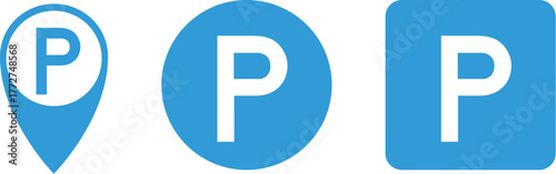 Flat parking location vector icons with map pin, circle, and rounded square designs in blue and white for maps and signage