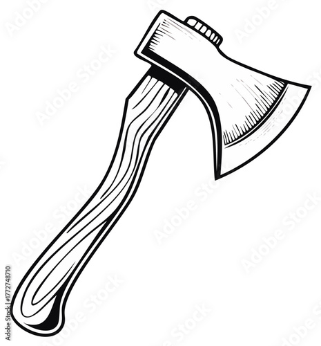 Vintage felling axe with wooden handle in black and white line art illustration