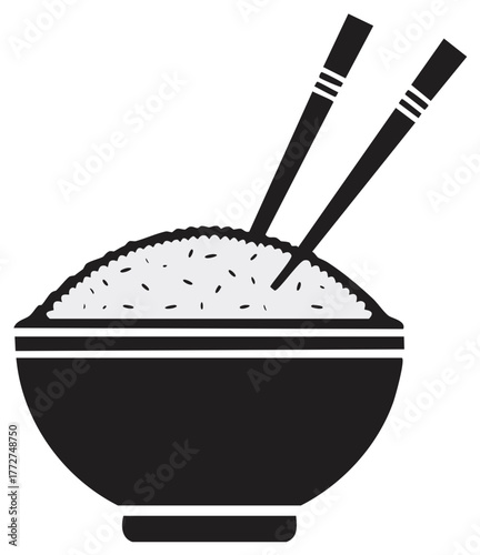 Simple black and white illustration of a bowl of rice with chopsticks