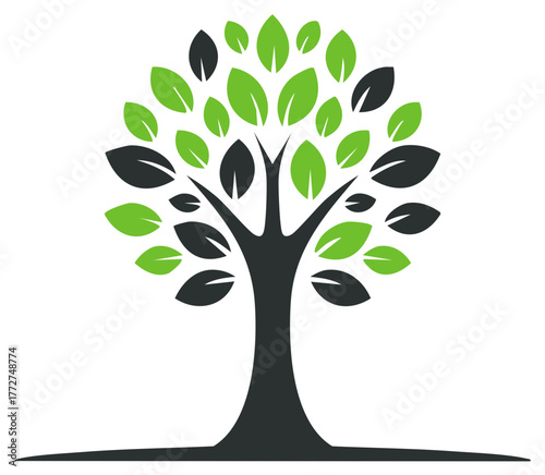 Stylized green and black tree icon representing nature growth environment and sustainability concept