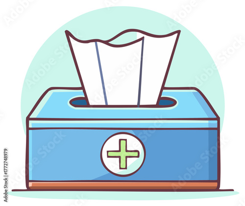 Cartoon Hand Drawn Tissue Box with Tissues, Healthcare and Hygiene Supplies Vector Illustration