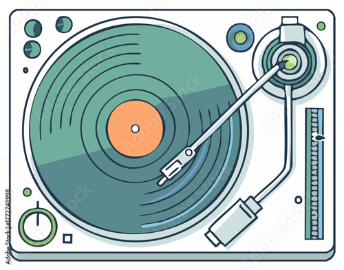 Illustration of a record player with a blue vinyl record and orange center, classic turntable for playing music, entertainment device