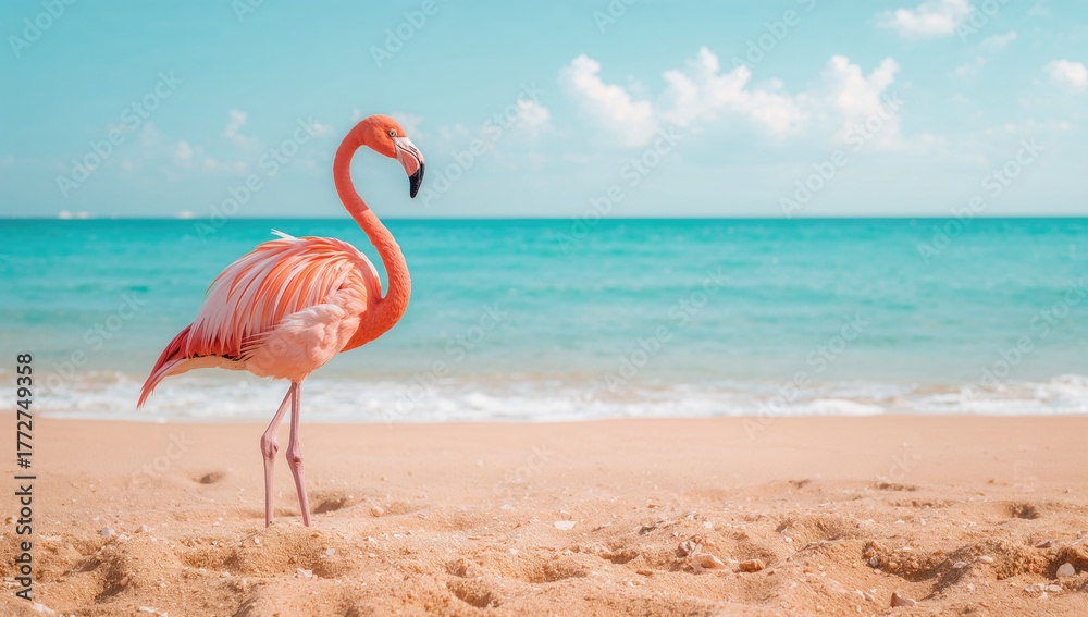 Fototapeta premium Soft blue waves and a pink flamingo on a sandy shore in a summer-themed scene