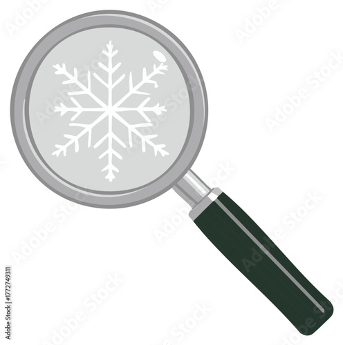 Magnifying glass inspecting a detailed winter snowflake symbol design