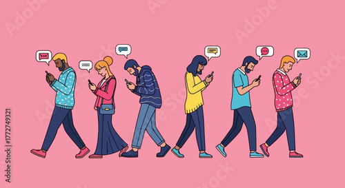 People immersed in mobile communication walking in a row with pastel background and message