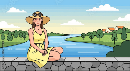 Serene river view with a woman in yellow dress enjoying the picturesque landscape