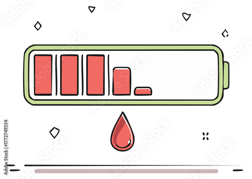 Low battery symbol with a falling red liquid drop design