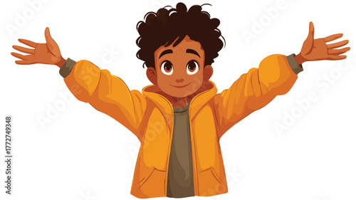 Cheerful African American Boy Standing with Open Arms Vector Illustration