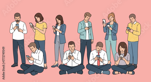 Engaged crowd using smartphones depicts modern connected communication habits and social