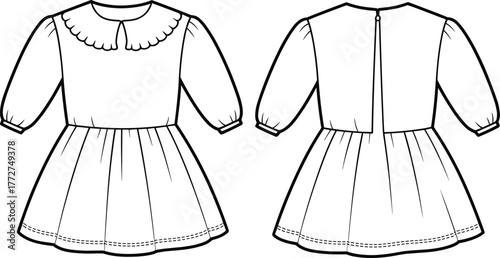 Vector, fashion, illustration, girl's, dress, front, back, view, scalloped, Peter, Pan, collar, puff, sleeve, gathered, cuff, skirt, zipper, technical, drawing, design
