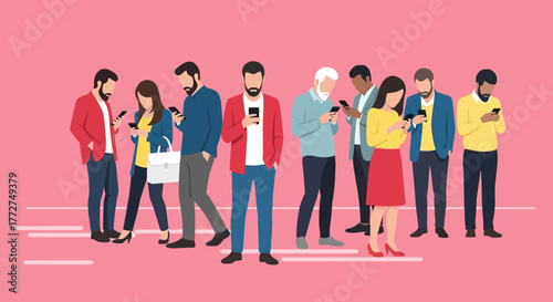 Diverse crowd engrossed in smartphones represents modern social interaction and digital lifestyle
