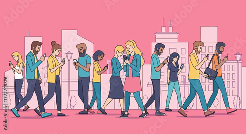 Urban mobile life: diverse people engrossed in smartphones walking in a city background depicting