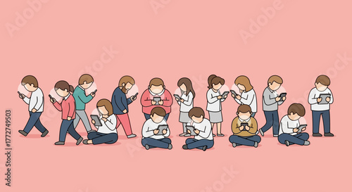 Diverse group absorbed by mobile devices, illuminating faces in a cartoonish style vector