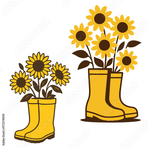 Sunflowers in yellow boots vector illustration, cozy fall design