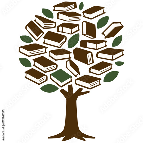 Vector illustration of tree with books as leaves, symbol of knowledge and reading