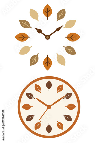 Autumn vector illustration of clock with leaves and acorn instead of numbers, time 10:10