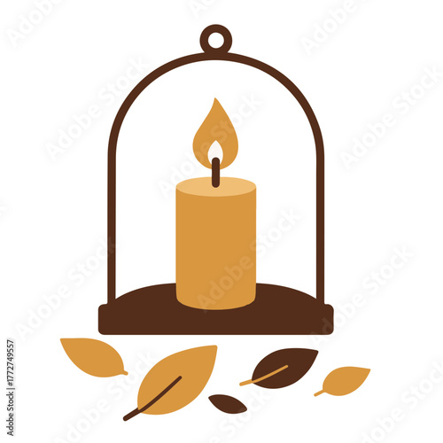 Vector illustration of scented candle in metal holder with autumn leaves, cozy home decor