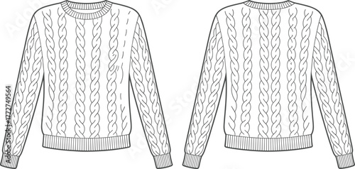 Cable-knit sweater design, front and back view, fashion illustration, garment sketch, knitting pattern, ribbed cuffs, round neck, textile art